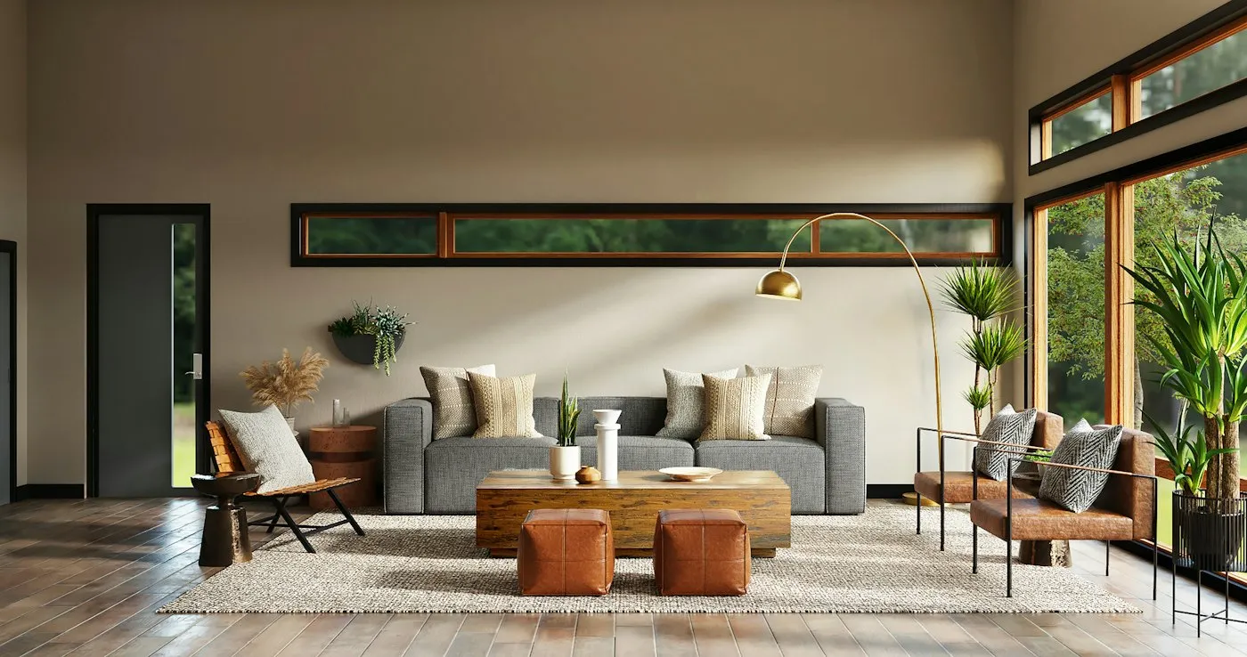 Warm living room with a low sofa, timber floors and garden views