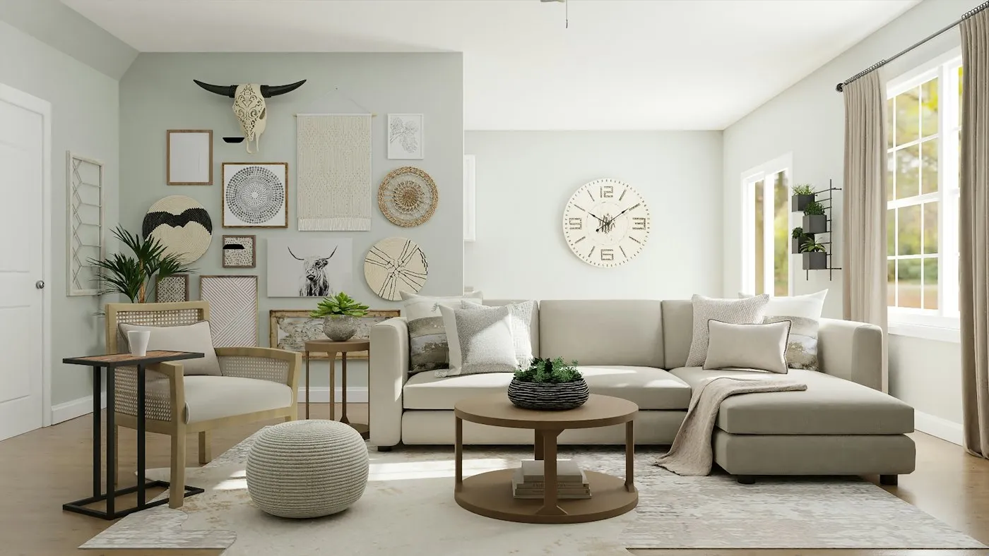 Soft-toned lounge with modular sofa and round coffee table