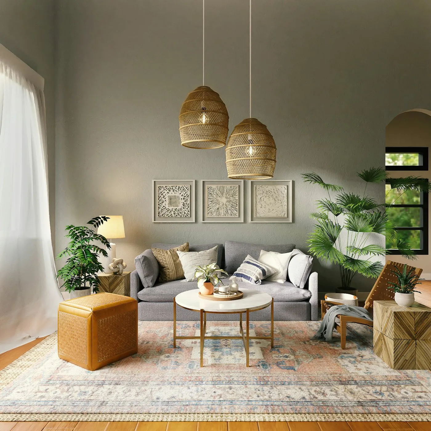 Neutral lounge with woven pendant lights and a vintage rug